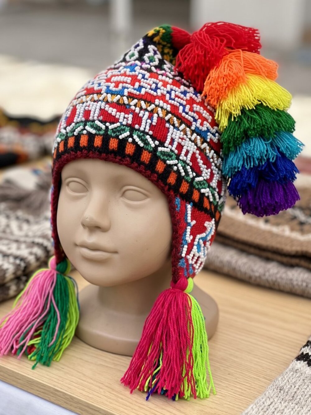 Peruvian Chullo Beanie with Beads and Rainbow Pom-poms – Warm Winter Hat for Boy